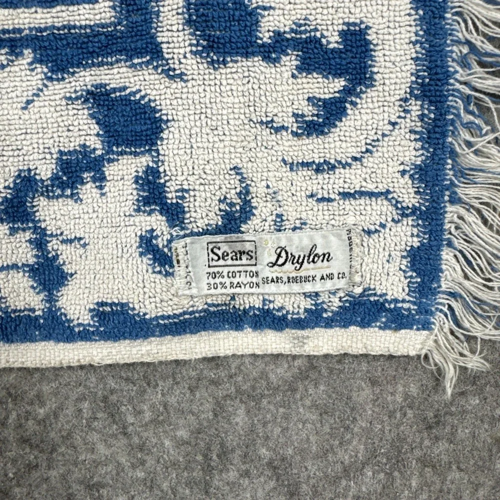Vintage 70's Sears Drylon Blue White Sculpted Fringe Hand Towel MCM 25